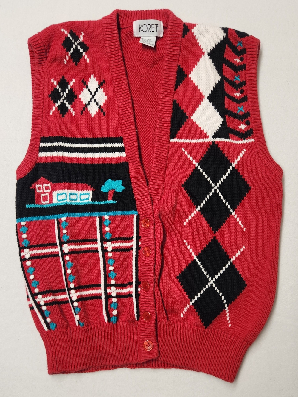 Vintage Koret Red 100% Cotton Argyle Patchwork Farmhouse Sweater Vest S 90s